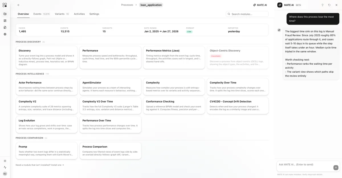 The MATE platform: a process overview with its module library and the assistant sidebar open