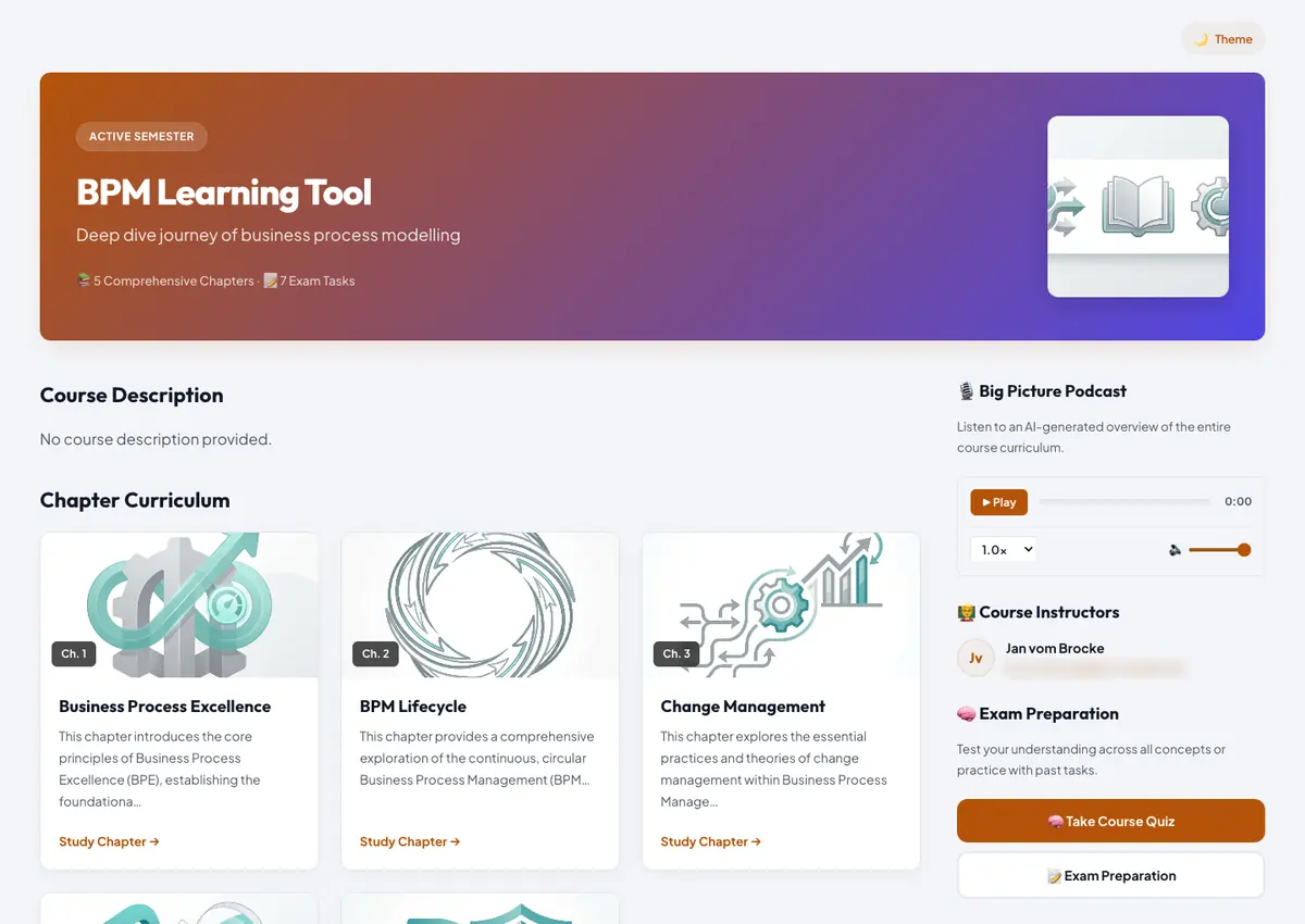 A published course on the teaching platform: chapter curriculum, podcast player and exam preparation